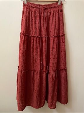 Mexx Cotton Red Boho Tiered Eyelet Maxi Skirt